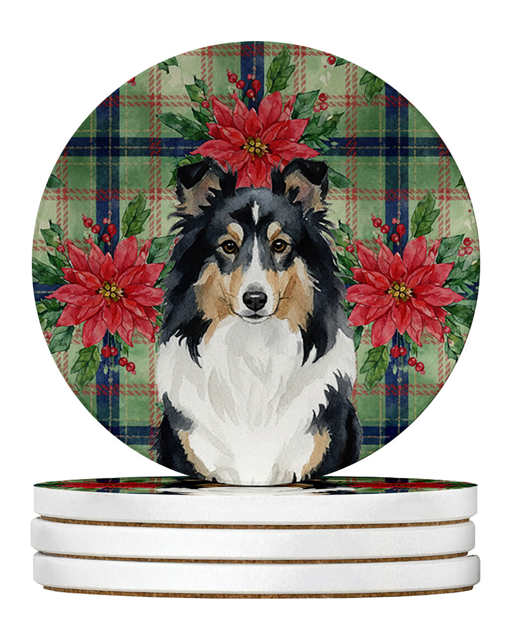 Tricolor Sheltie Christmas PoinsettIas Large Sandstone Coasters Pack of 4 Absorbent Round Coasters Decor Gifts for Men or Women, 4 in, Multicolor