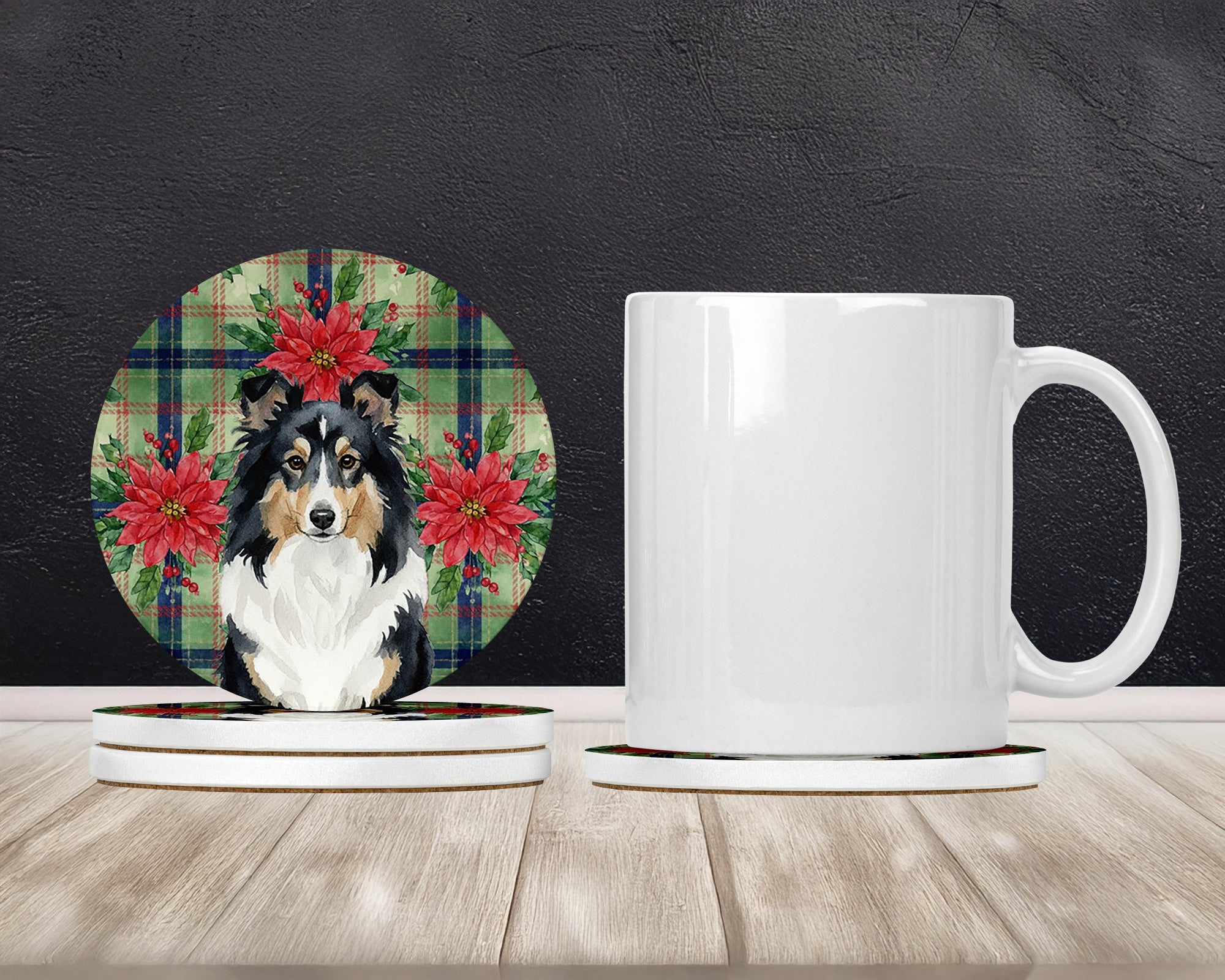 Tricolor Sheltie Christmas PoinsettIas Large Sandstone Coasters Pack of 4 Absorbent Round Coasters Decor Gifts for Men or Women, 4 in, Multicolor