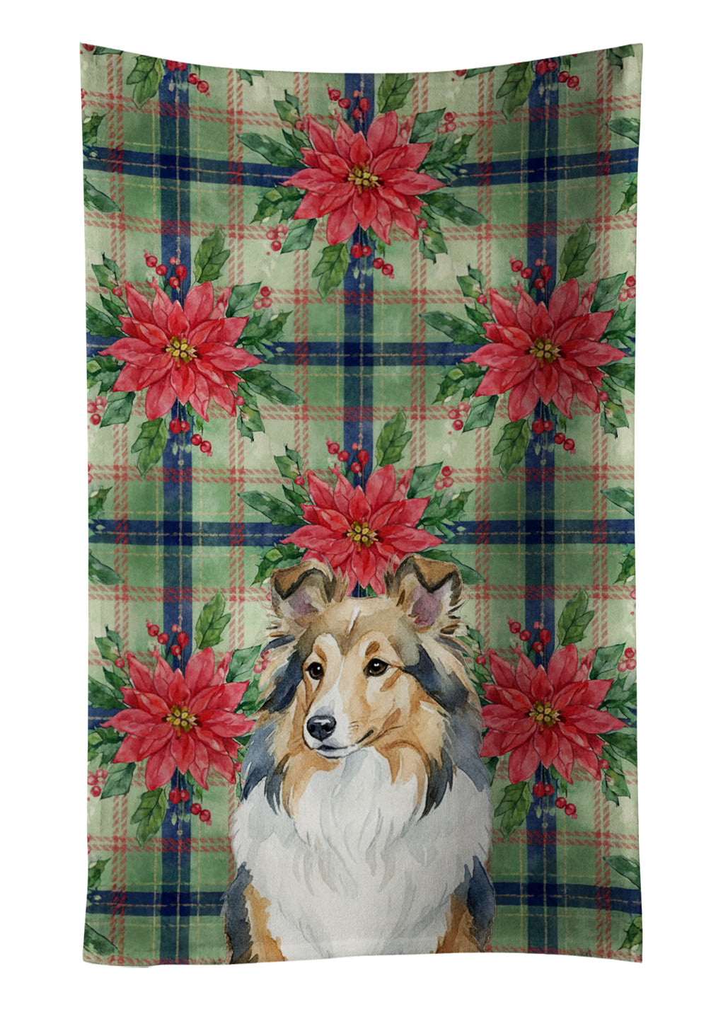 Sable Sheltie Christmas PoinsettIas Kitchen Towel Velour Plush Front and Cotton Loop Back Machine Washable