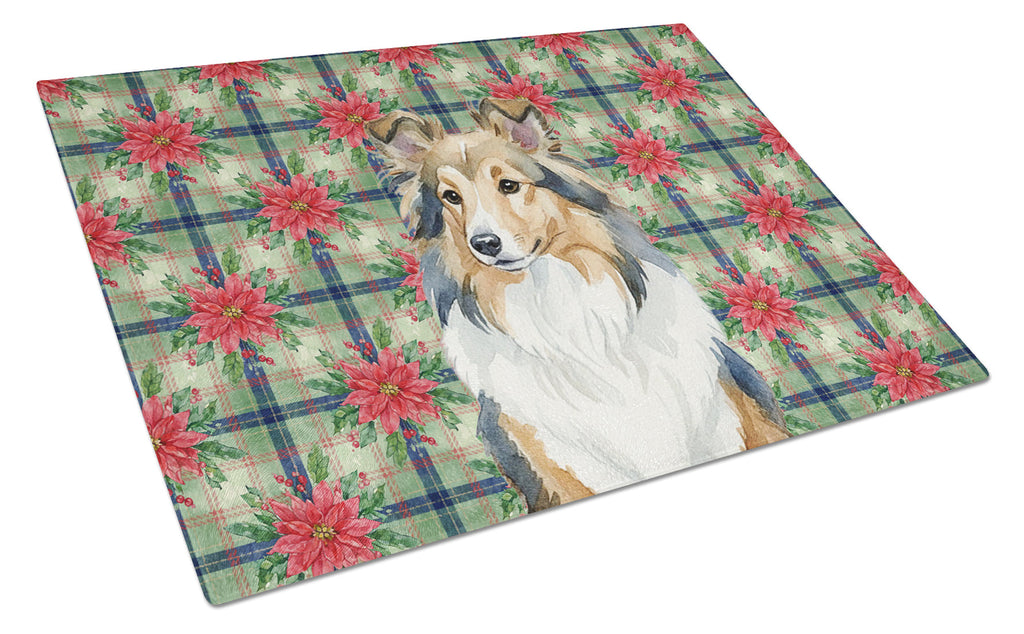 Sable Sheltie Christmas PoinsettIas Cutting Board Tempered Glass Kitchen Cutting Surface, Heat Resistant Chopping, Non-Slip Feet, Food Prep & Serving