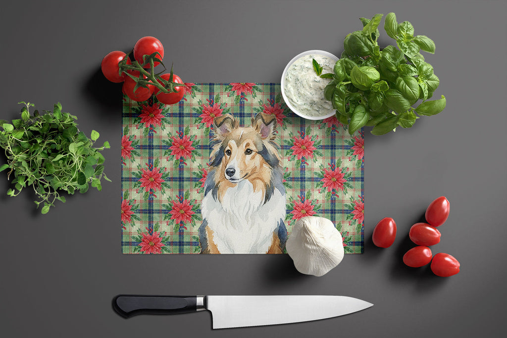 Sable Sheltie Christmas PoinsettIas Cutting Board Tempered Glass Kitchen Cutting Surface, Heat Resistant Chopping, Non-Slip Feet, Food Prep & Serving
