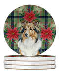 Sable Sheltie Christmas PoinsettIas Large Sandstone Coasters Pack of 4 Absorbent Round Coasters Decor Gifts for Men or Women, 4 in, Multicolor