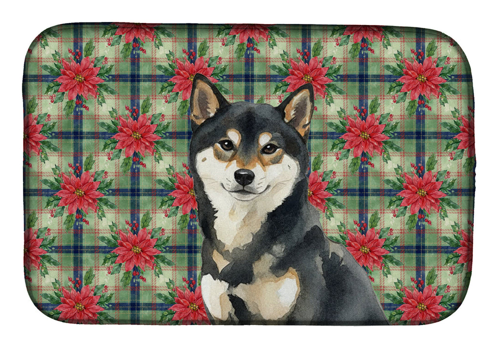 Black and Tan Shiba Inu Christmas PoinsettIas Dish Drying Mat Absorbent Dish Drying Mat Pad for Kitchen Counter Dish Drainer Mat for Countertop, 14 x 21", Multicolor