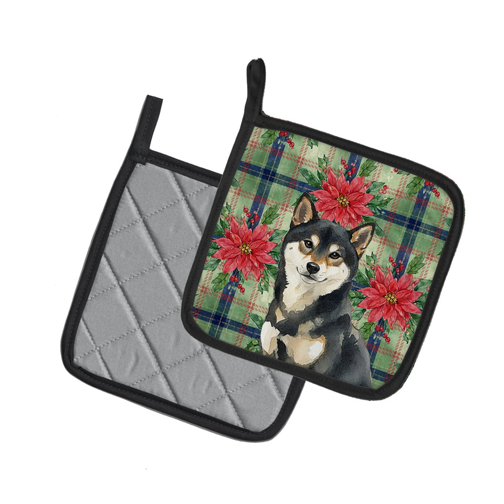 Black and Tan Shiba Inu Christmas PoinsettIas Pot Holder Set of 2 Heat Resistant Quilted Hot Pads 7.5 x 7.5 Inch, Insulated Kitchen Trivets for Cooking & Baking