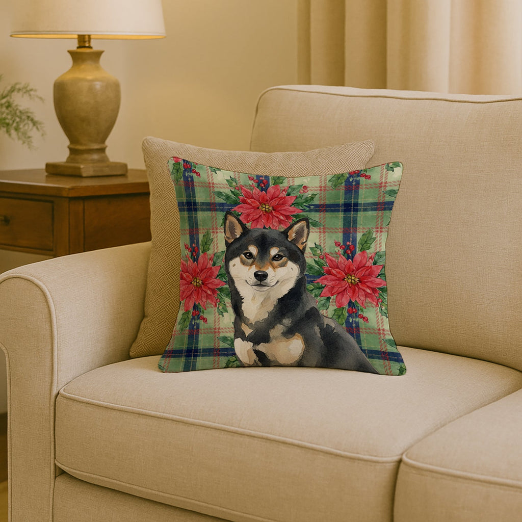 Black and Tan Shiba Inu Christmas PoinsettIas Decorative Throw Pillow 18x18 Indoor Outdoor Accent Cushion, Fabric Cover with Insert for Sofa, Bed, Porch & Living Room