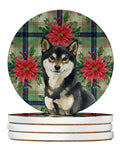 Black and Tan Shiba Inu Christmas PoinsettIas Large Sandstone Coasters Pack of 4 Absorbent Round Coasters Decor Gifts for Men or Women, 4 in, Multicolor