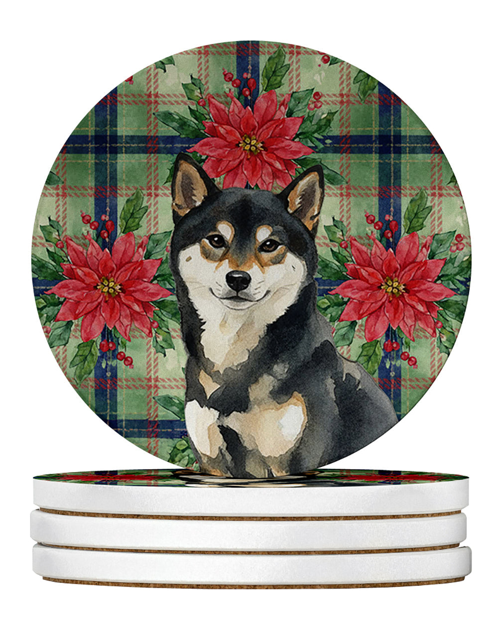 Black and Tan Shiba Inu Christmas PoinsettIas Large Sandstone Coasters Pack of 4 Absorbent Round Coasters Decor Gifts for Men or Women, 4 in, Multicolor
