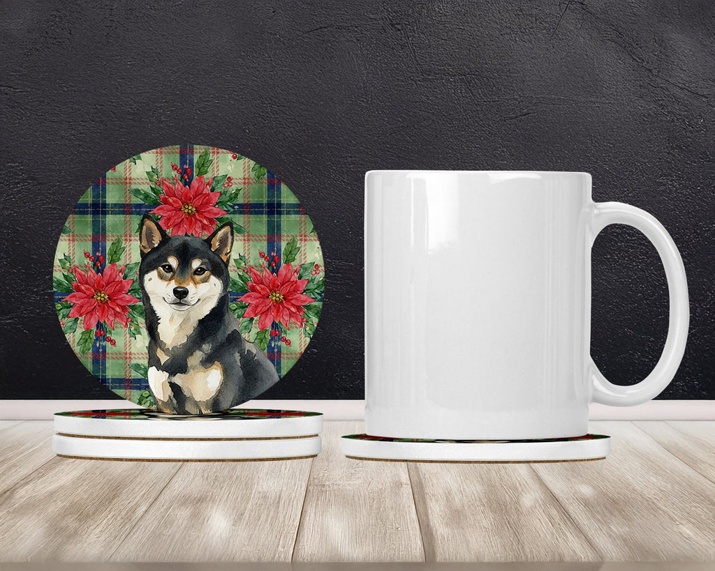 Black and Tan Shiba Inu Christmas PoinsettIas Large Sandstone Coasters Pack of 4 Absorbent Round Coasters Decor Gifts for Men or Women, 4 in, Multicolor