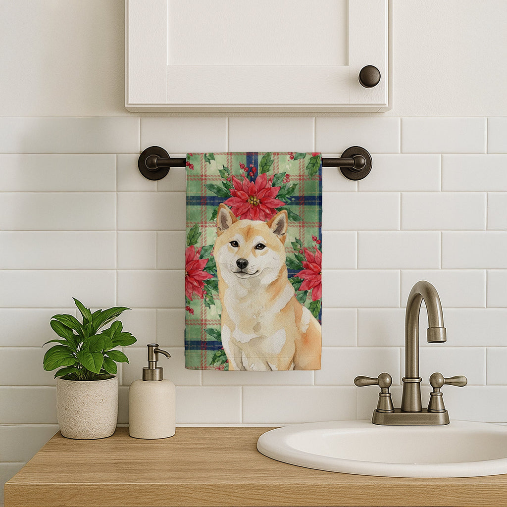 Cream Shiba Inu Christmas PoinsettIas Kitchen Towel Velour Plush Front and Cotton Loop Back Machine Washable