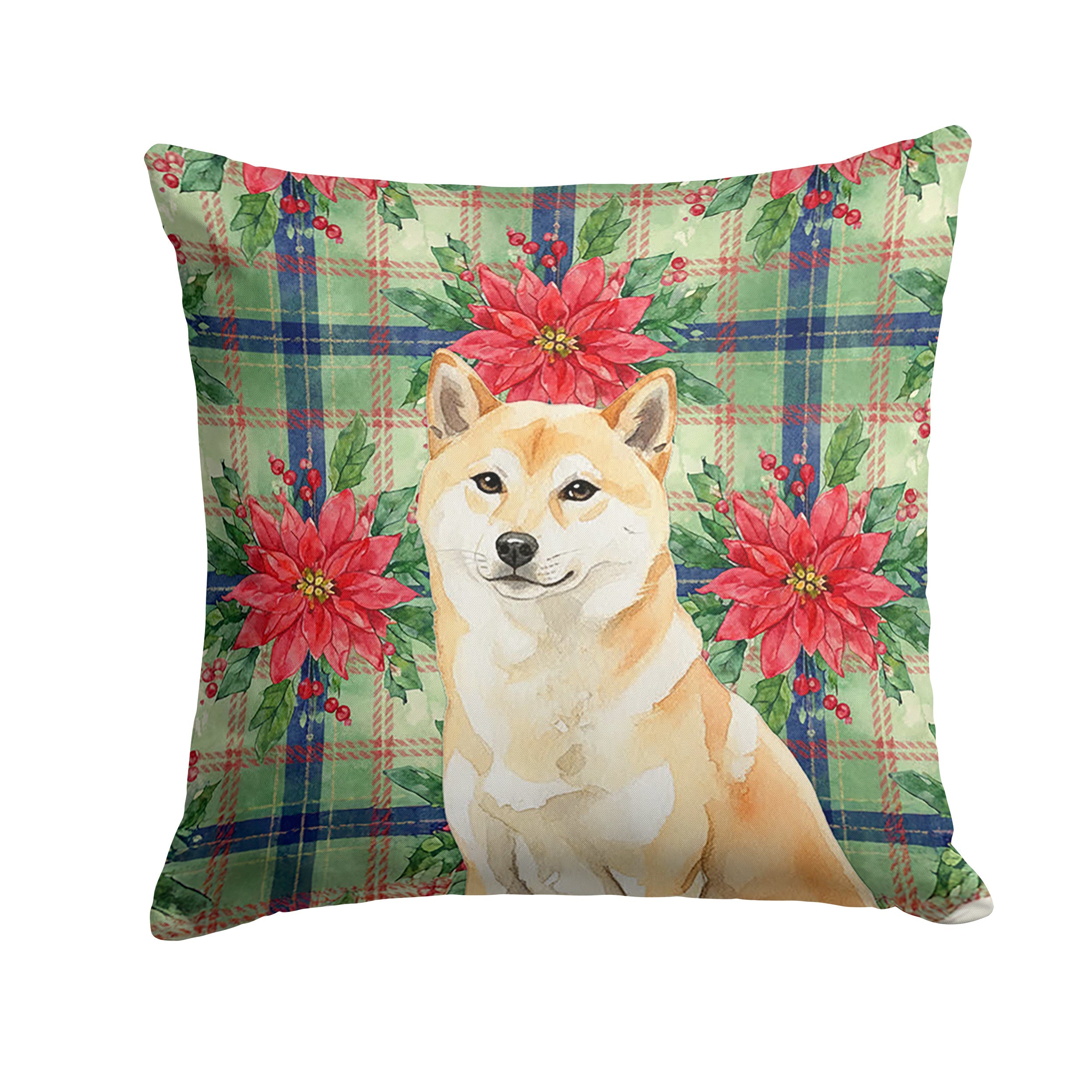 Cream Shiba Inu Christmas PoinsettIas Decorative Throw Pillow 18x18 Indoor Outdoor Accent Cushion, Fabric Cover with Insert for Sofa, Bed, Porch & Living Room