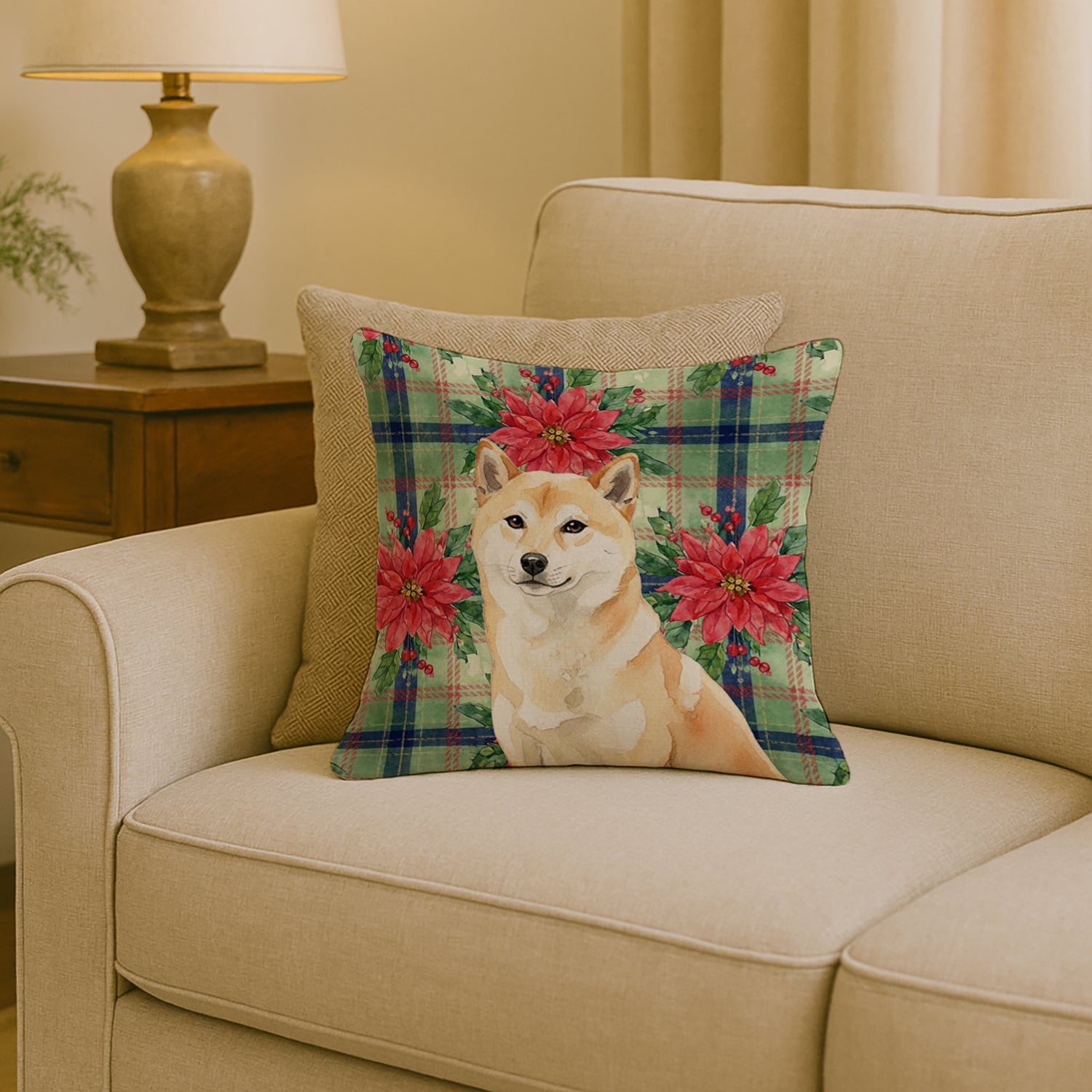 Cream Shiba Inu Christmas PoinsettIas Decorative Throw Pillow 18x18 Indoor Outdoor Accent Cushion, Fabric Cover with Insert for Sofa, Bed, Porch & Living Room