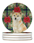 Cream Shiba Inu Christmas PoinsettIas Large Sandstone Coasters Pack of 4 Absorbent Round Coasters Decor Gifts for Men or Women, 4 in, Multicolor