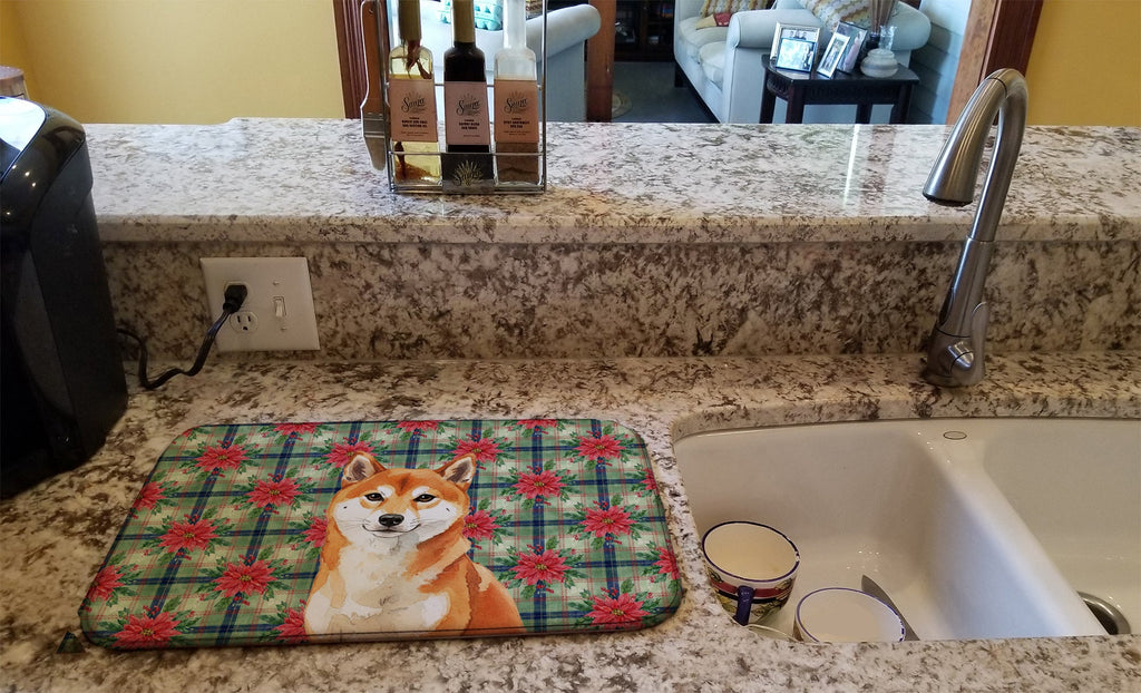 Red Shiba Inu Christmas PoinsettIas Dish Drying Mat Absorbent Dish Drying Mat Pad for Kitchen Counter Dish Drainer Mat for Countertop, 14 x 21", Multicolor