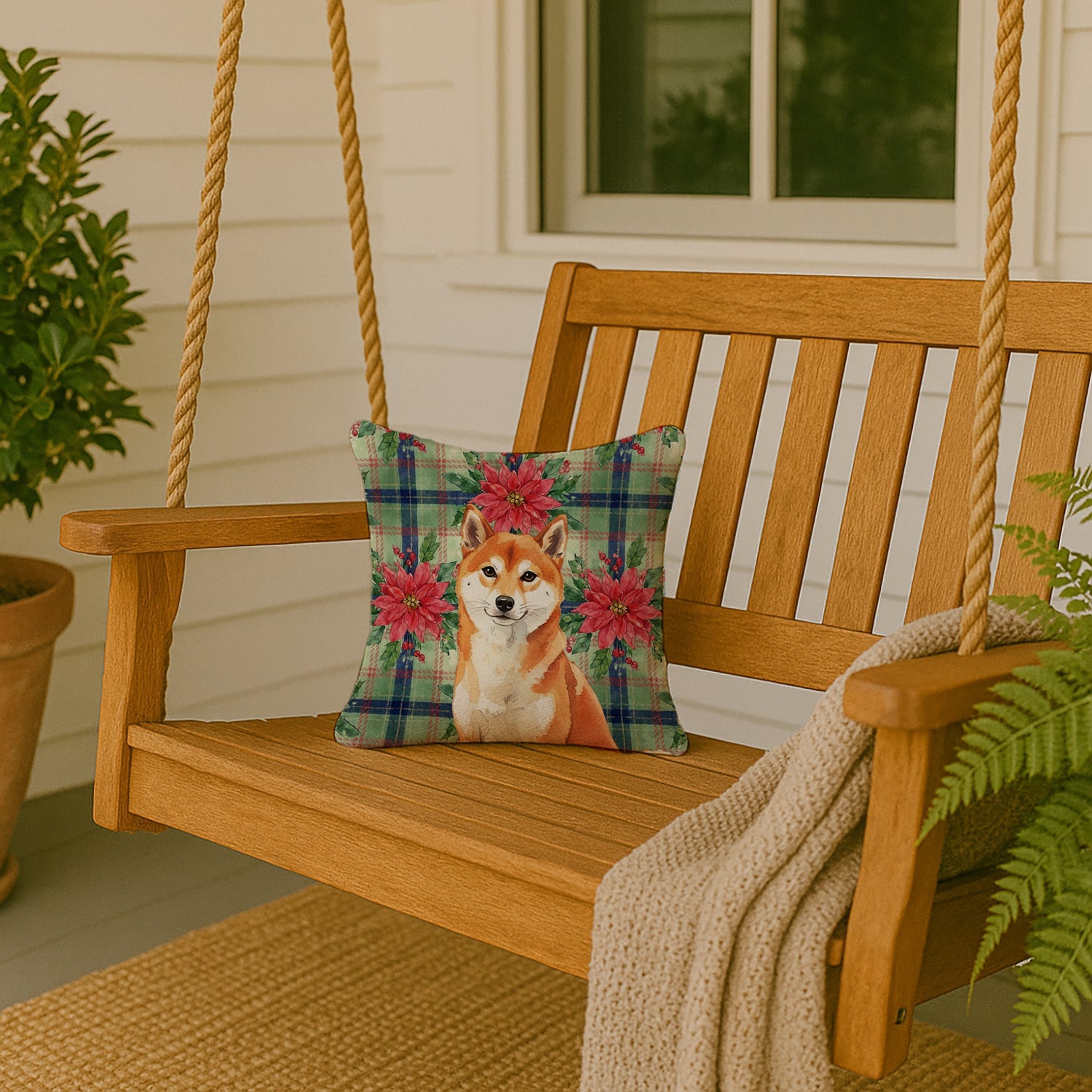 Red Shiba Inu Christmas PoinsettIas Decorative Throw Pillow 14x14 Indoor Outdoor Accent Cushion, Fabric Cover with Insert for Sofa, Bed, Porch & Living Room