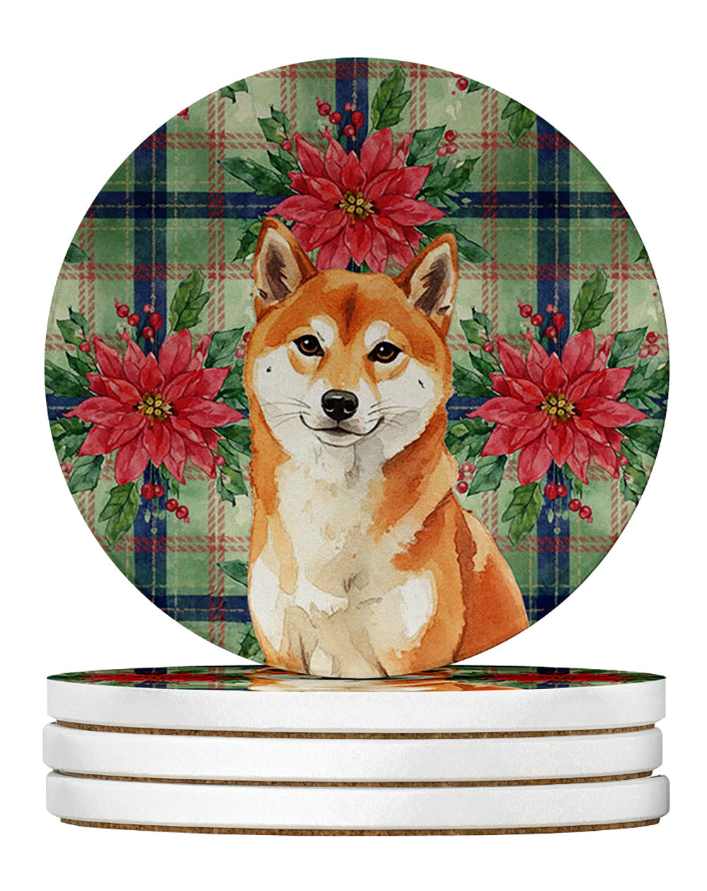Red Shiba Inu Christmas PoinsettIas Large Sandstone Coasters Pack of 4 Absorbent Round Coasters Decor Gifts for Men or Women, 4 in, Multicolor