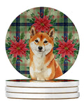 Red Shiba Inu Christmas PoinsettIas Large Sandstone Coasters Pack of 4 Absorbent Round Coasters Decor Gifts for Men or Women, 4 in, Multicolor
