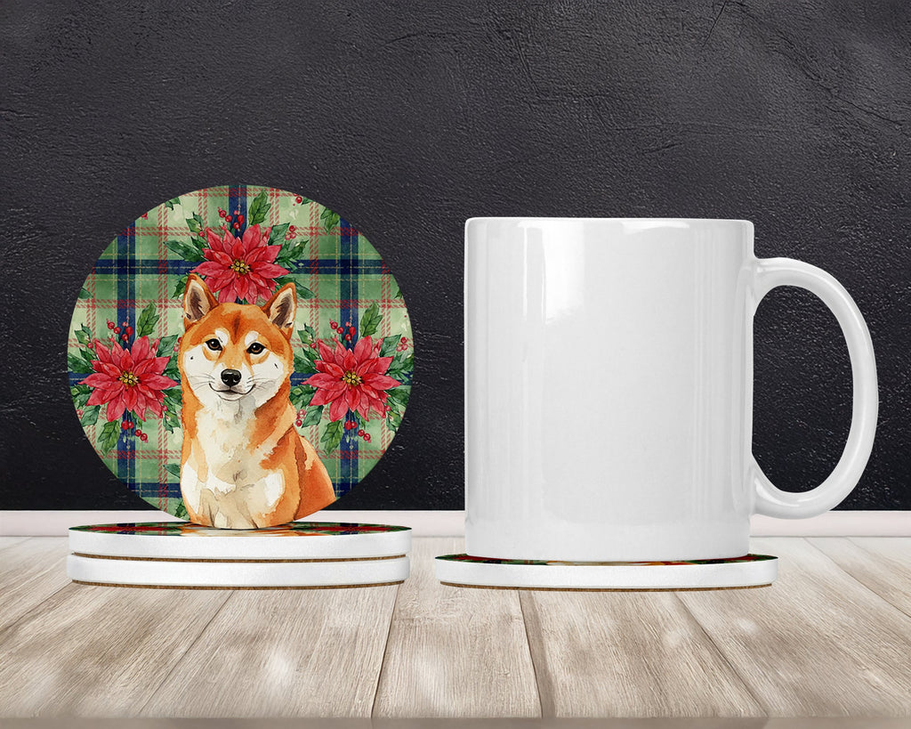 Red Shiba Inu Christmas PoinsettIas Large Sandstone Coasters Pack of 4 Absorbent Round Coasters Decor Gifts for Men or Women, 4 in, Multicolor