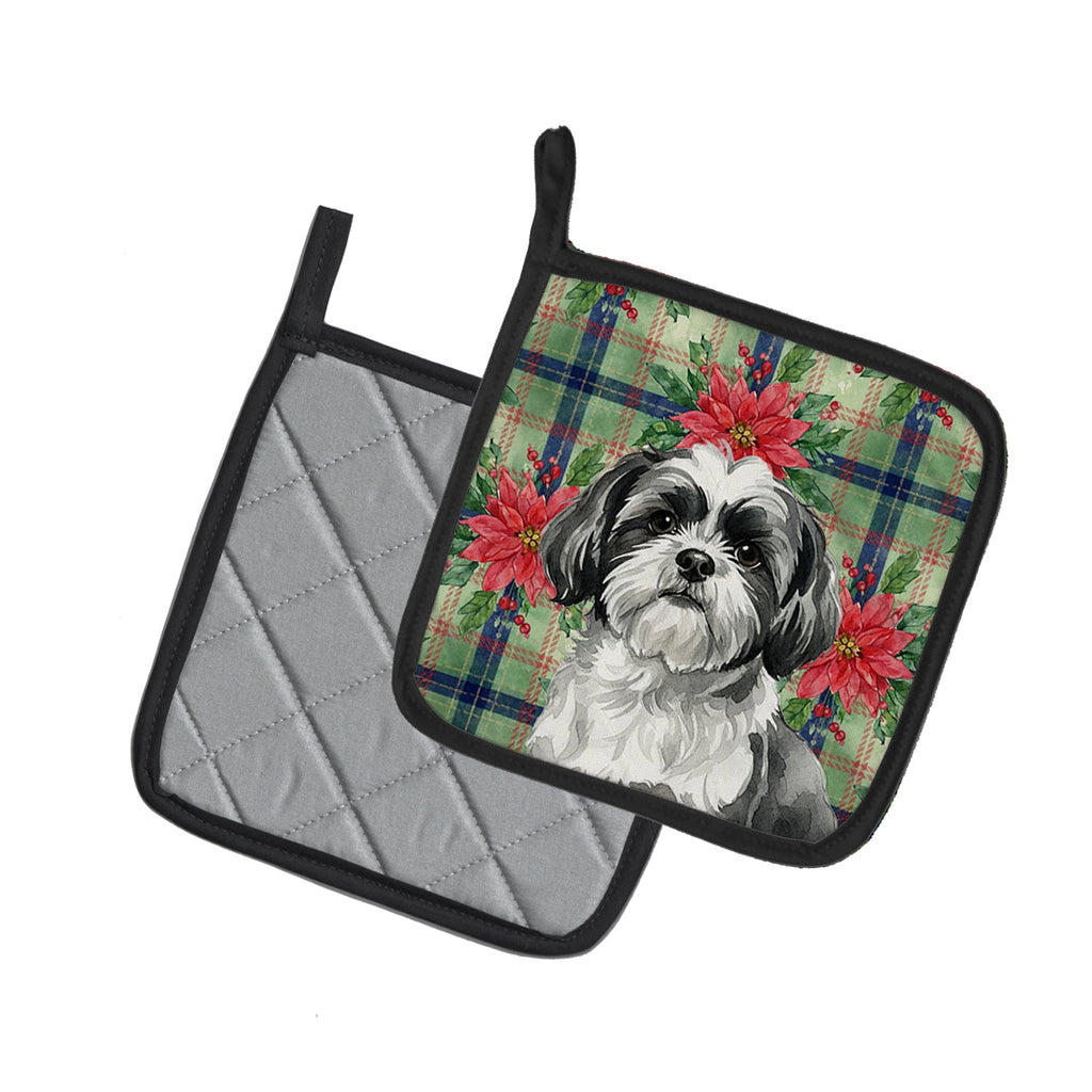 Black and White Shih Tzu Christmas PoinsettIas Pot Holder Set of 2 Heat Resistant Quilted Hot Pads 7.5 x 7.5 Inch, Insulated Kitchen Trivets for Cooking & Baking