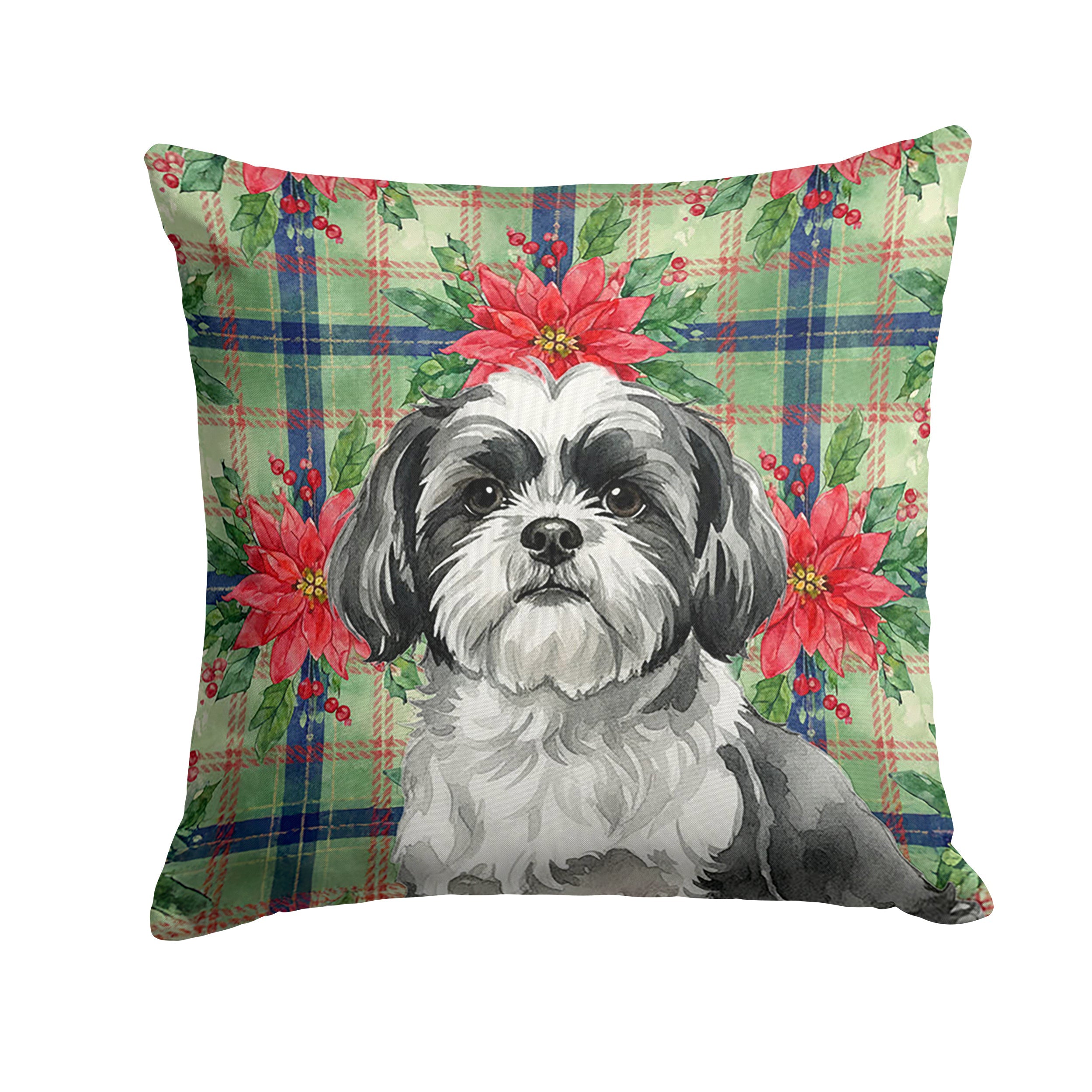 Black and White Shih Tzu Christmas PoinsettIas Decorative Throw Pillow 18x18 Indoor Outdoor Accent Cushion, Fabric Cover with Insert for Sofa, Bed, Porch & Living Room
