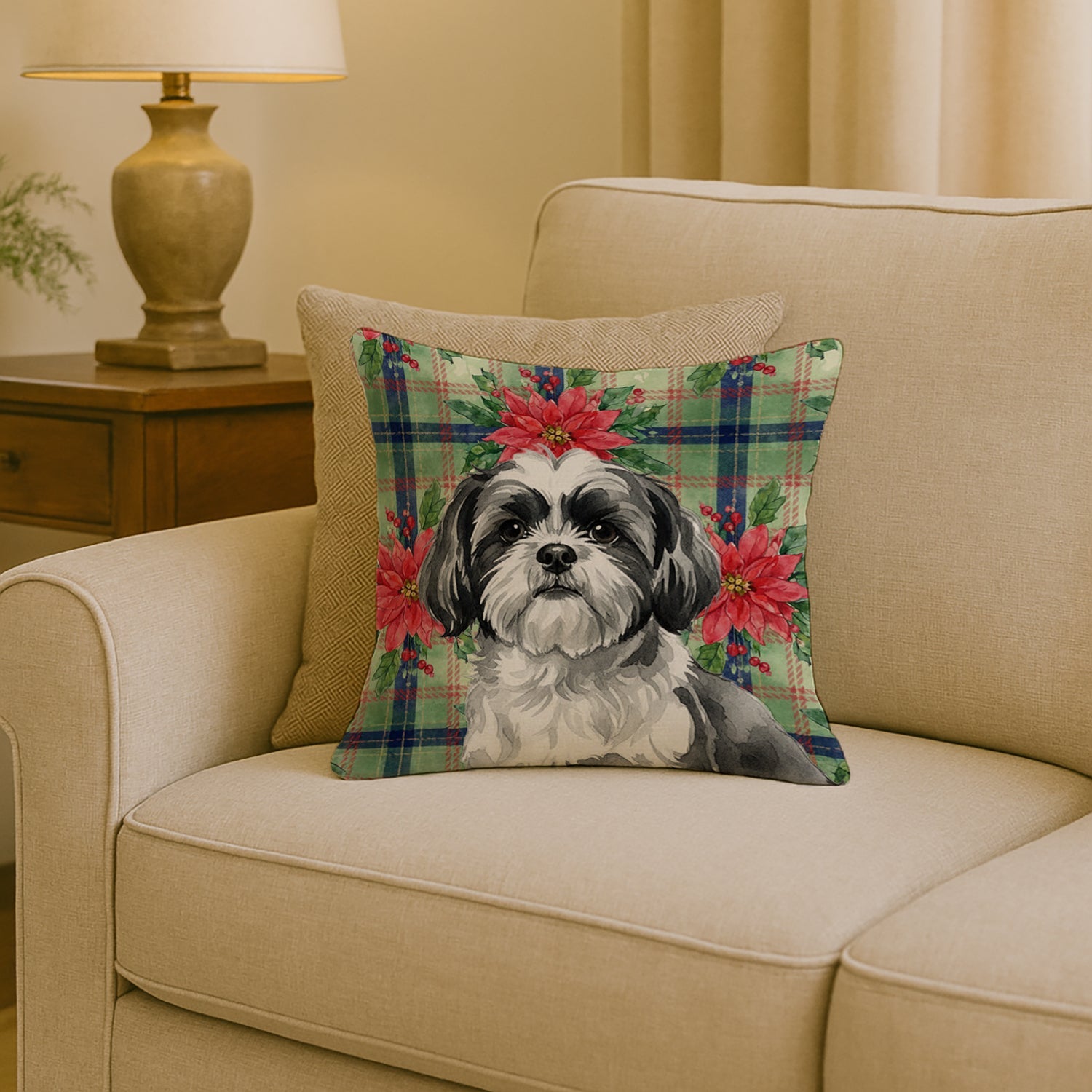 Black and White Shih Tzu Christmas PoinsettIas Decorative Throw Pillow 18x18 Indoor Outdoor Accent Cushion, Fabric Cover with Insert for Sofa, Bed, Porch & Living Room