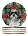 Black and White Shih Tzu Christmas PoinsettIas Large Sandstone Coasters Pack of 4 Absorbent Round Coasters Decor Gifts for Men or Women, 4 in, Multicolor