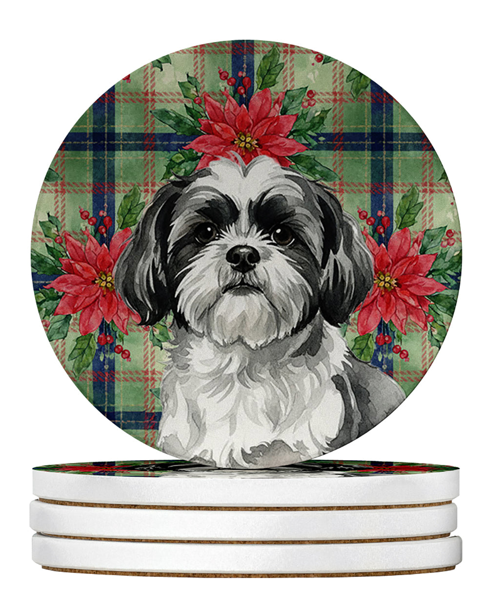 Black and White Shih Tzu Christmas PoinsettIas Large Sandstone Coasters Pack of 4 Absorbent Round Coasters Decor Gifts for Men or Women, 4 in, Multicolor