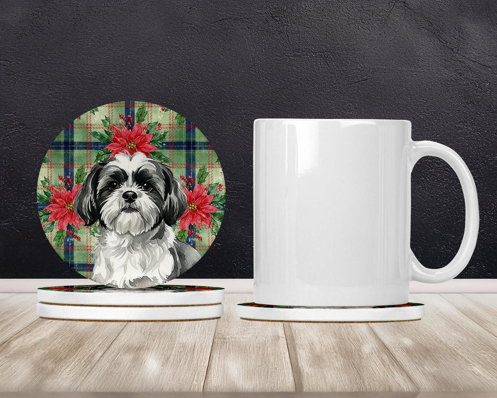 Black and White Shih Tzu Christmas PoinsettIas Large Sandstone Coasters Pack of 4 Absorbent Round Coasters Decor Gifts for Men or Women, 4 in, Multicolor