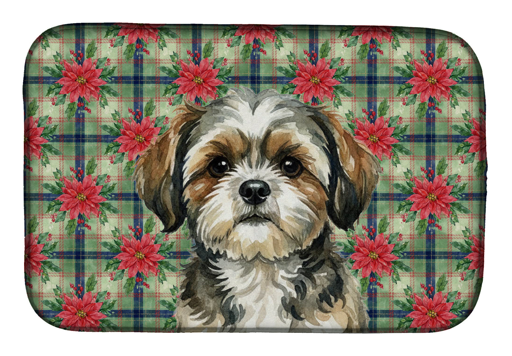 Brindle Shih Tzu Christmas PoinsettIas Dish Drying Mat Absorbent Dish Drying Mat Pad for Kitchen Counter Dish Drainer Mat for Countertop, 14 x 21", Multicolor
