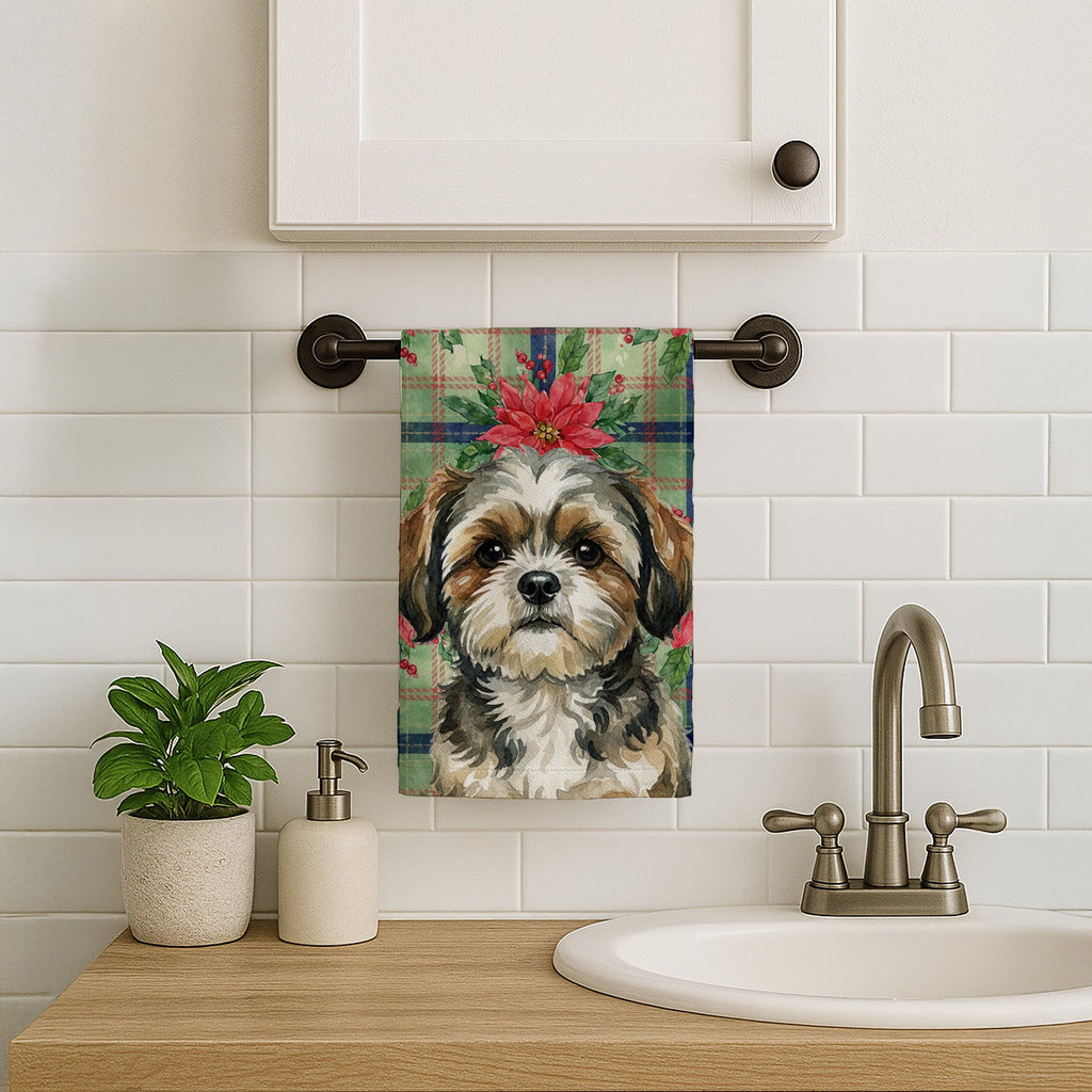 Brindle Shih Tzu Christmas PoinsettIas Kitchen Towel Velour Plush Front and Cotton Loop Back Machine Washable
