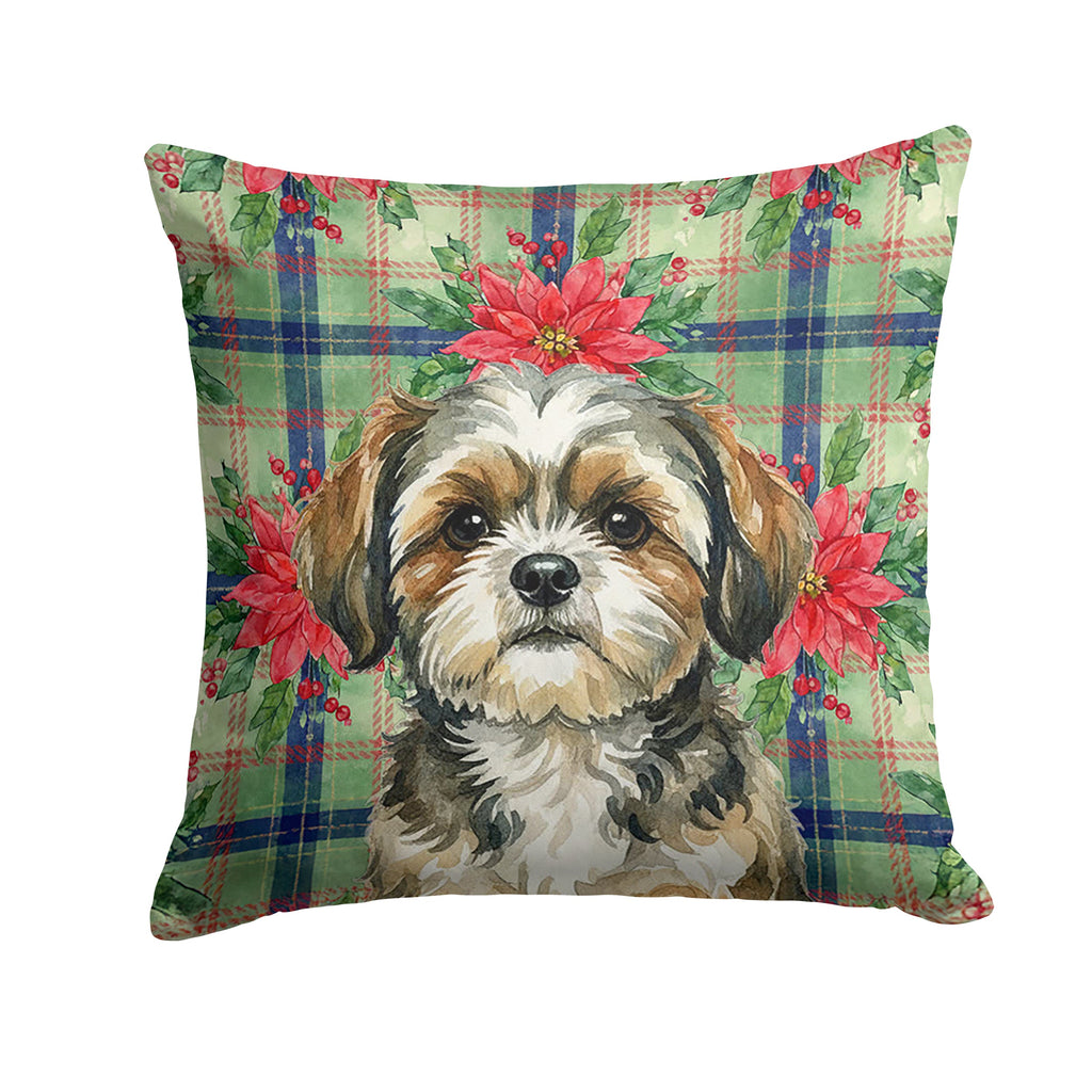 Brindle Shih Tzu Christmas PoinsettIas Decorative Throw Pillow 18x18 Indoor Outdoor Accent Cushion, Fabric Cover with Insert for Sofa, Bed, Porch & Living Room