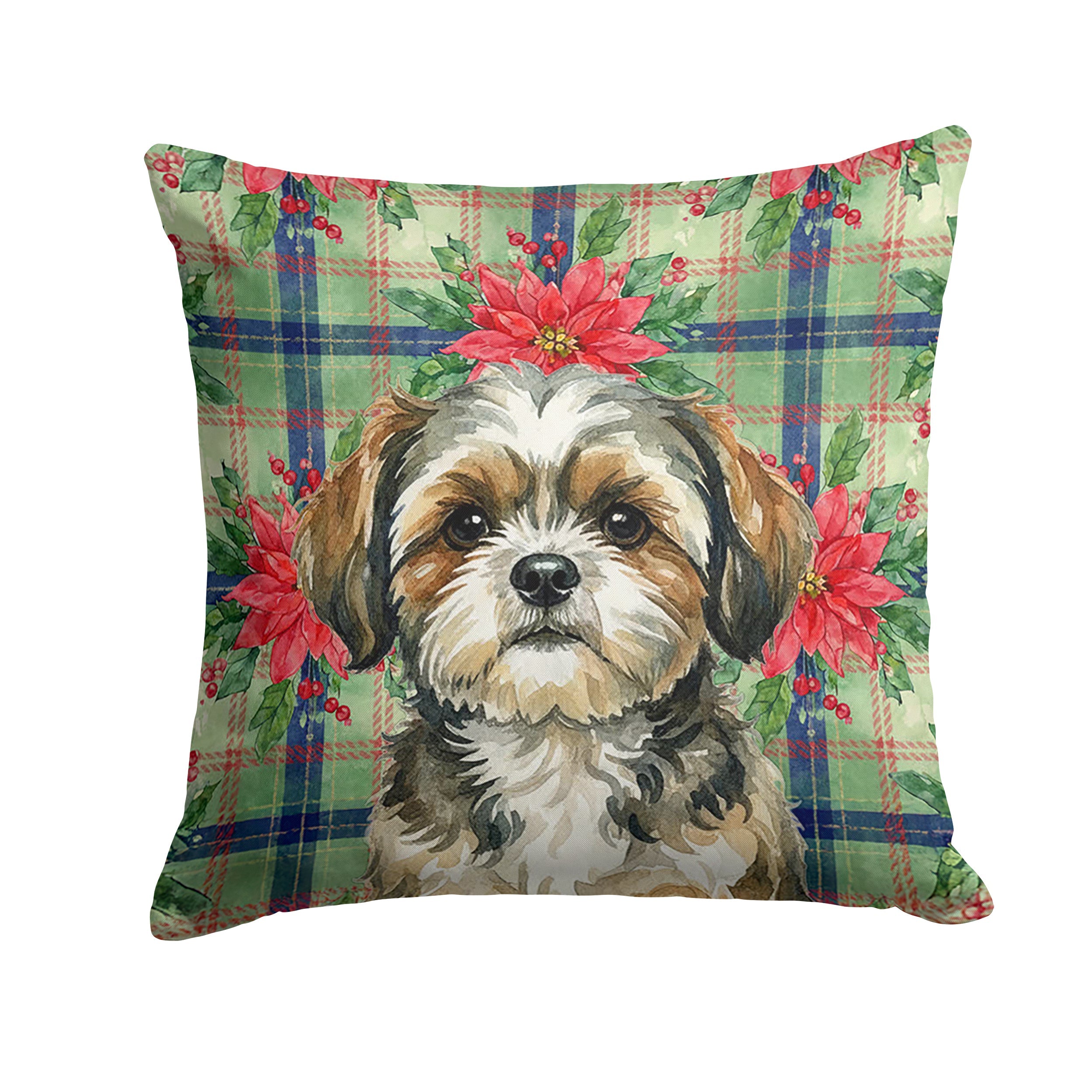 Brindle Shih Tzu Christmas PoinsettIas Decorative Throw Pillow 18x18 Indoor Outdoor Accent Cushion, Fabric Cover with Insert for Sofa, Bed, Porch & Living Room