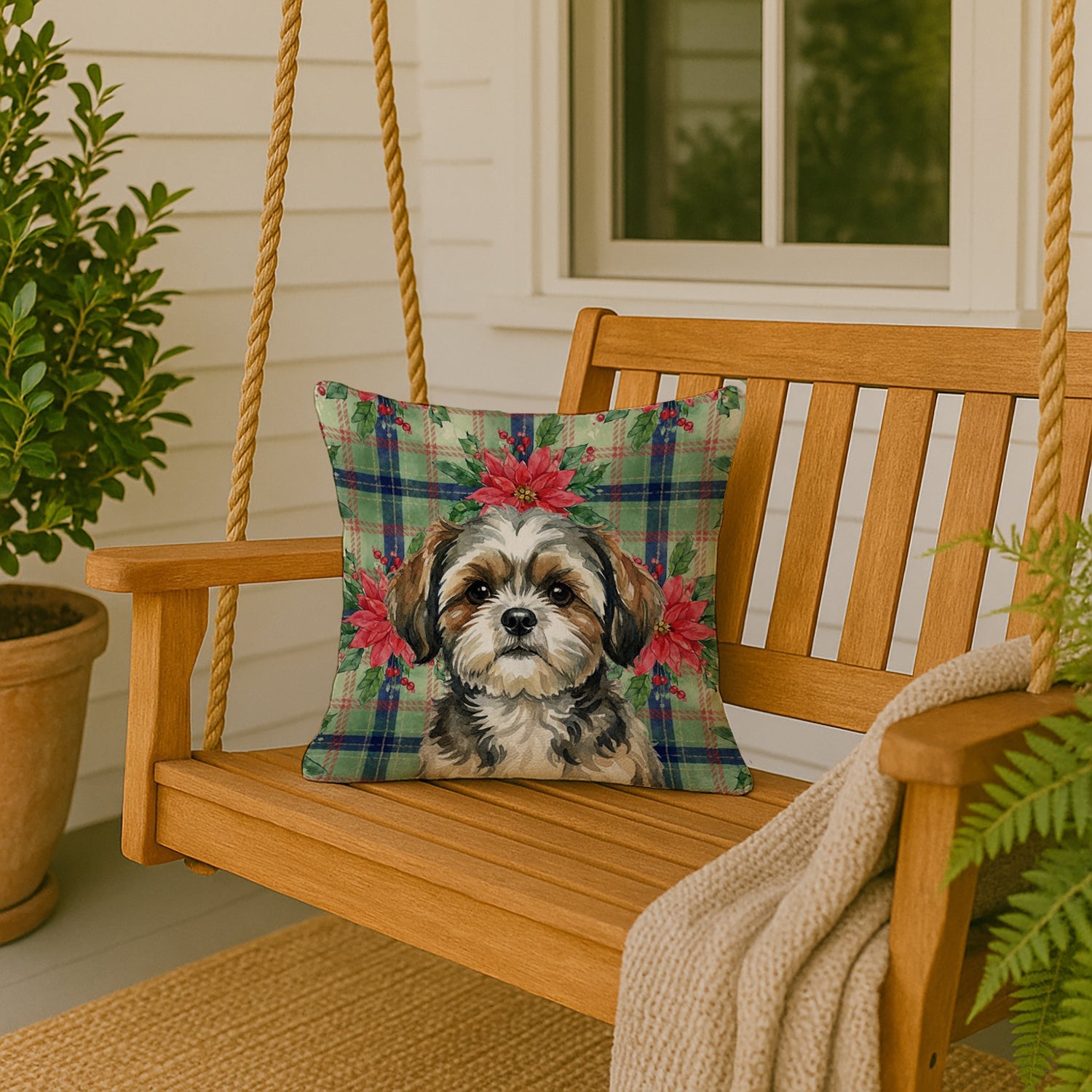 Brindle Shih Tzu Christmas PoinsettIas Decorative Throw Pillow 18x18 Indoor Outdoor Accent Cushion, Fabric Cover with Insert for Sofa, Bed, Porch & Living Room