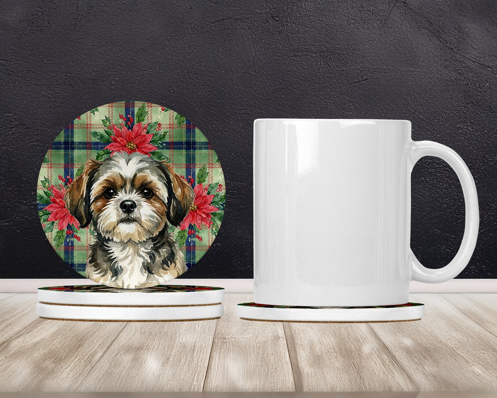 Brindle Shih Tzu Christmas PoinsettIas Large Sandstone Coasters Pack of 4 Absorbent Round Coasters Decor Gifts for Men or Women, 4 in, Multicolor
