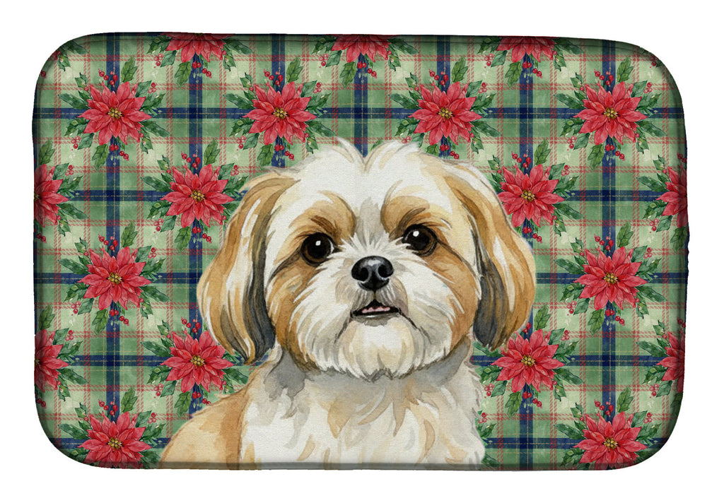 Gold and White Shih Tzu Christmas PoinsettIas Dish Drying Mat Absorbent Dish Drying Mat Pad for Kitchen Counter Dish Drainer Mat for Countertop, 14 x 21", Multicolor
