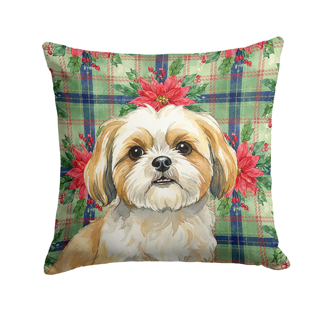 Gold and White Shih Tzu Christmas PoinsettIas Decorative Throw Pillow 18x18 Indoor Outdoor Accent Cushion, Fabric Cover with Insert for Sofa, Bed, Porch & Living Room