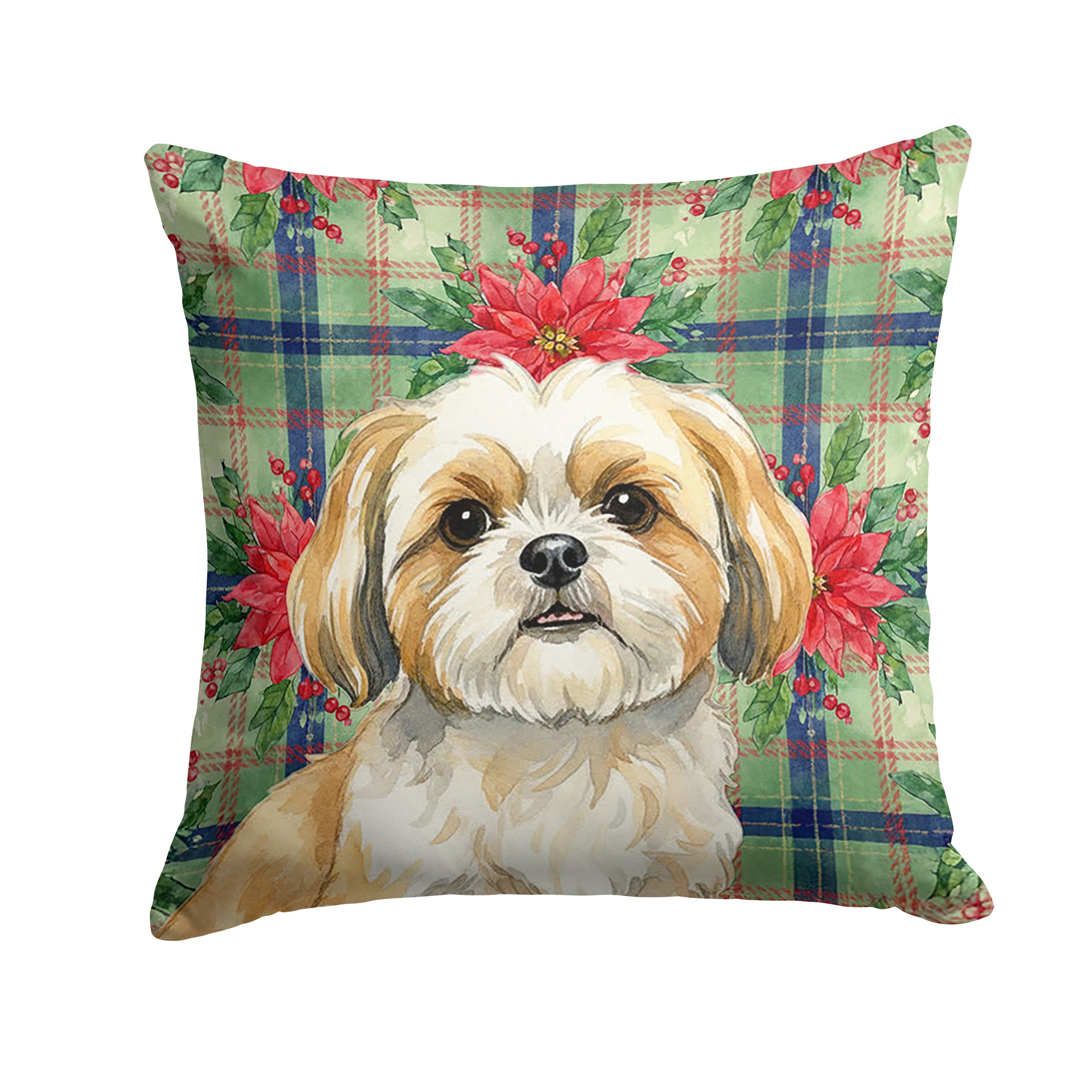 Gold and White Shih Tzu Christmas PoinsettIas Decorative Throw Pillow 18x18 Indoor Outdoor Accent Cushion, Fabric Cover with Insert for Sofa, Bed, Porch & Living Room