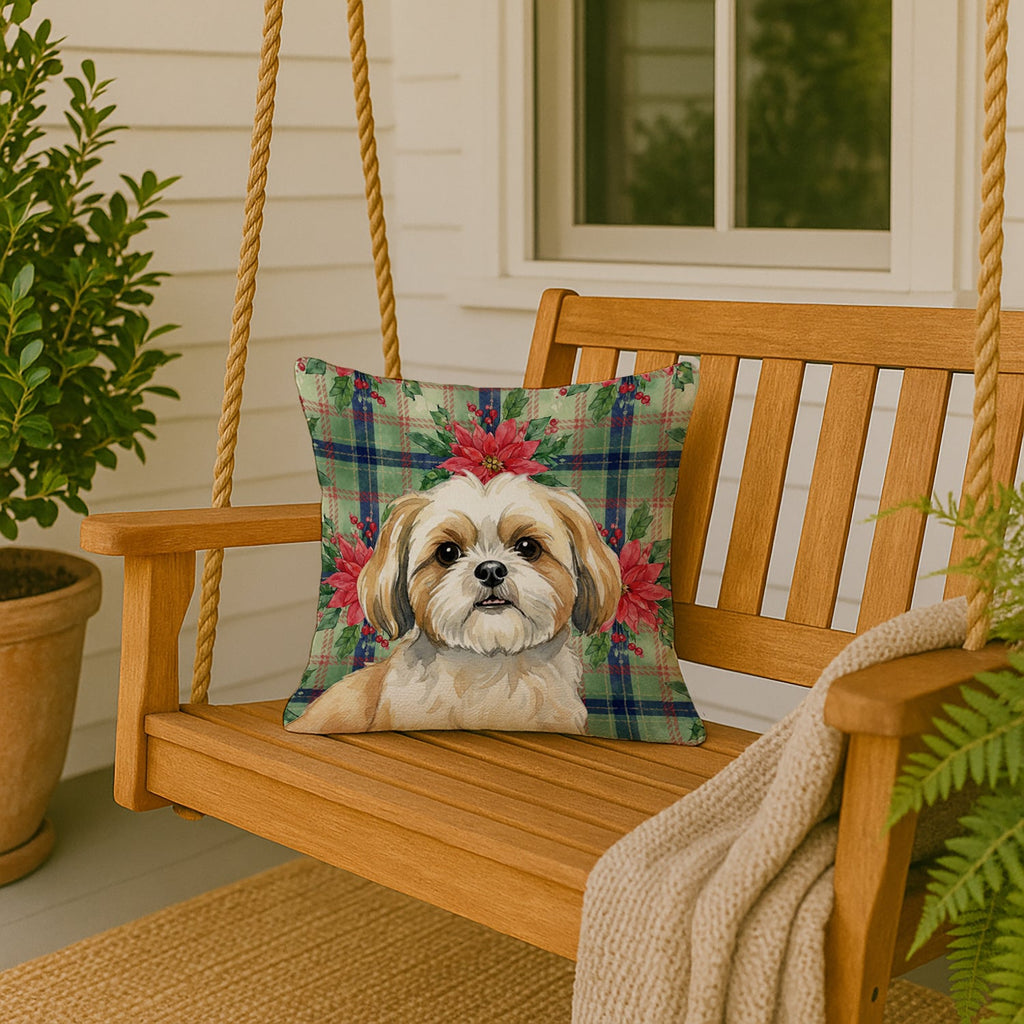 Gold and White Shih Tzu Christmas PoinsettIas Decorative Throw Pillow 18x18 Indoor Outdoor Accent Cushion, Fabric Cover with Insert for Sofa, Bed, Porch & Living Room