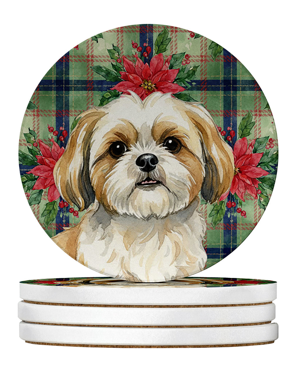 Gold and White Shih Tzu Christmas PoinsettIas Large Sandstone Coasters Pack of 4 Absorbent Round Coasters Decor Gifts for Men or Women, 4 in, Multicolor
