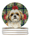 Gold and White Shih Tzu Christmas PoinsettIas Large Sandstone Coasters Pack of 4 Absorbent Round Coasters Decor Gifts for Men or Women, 4 in, Multicolor