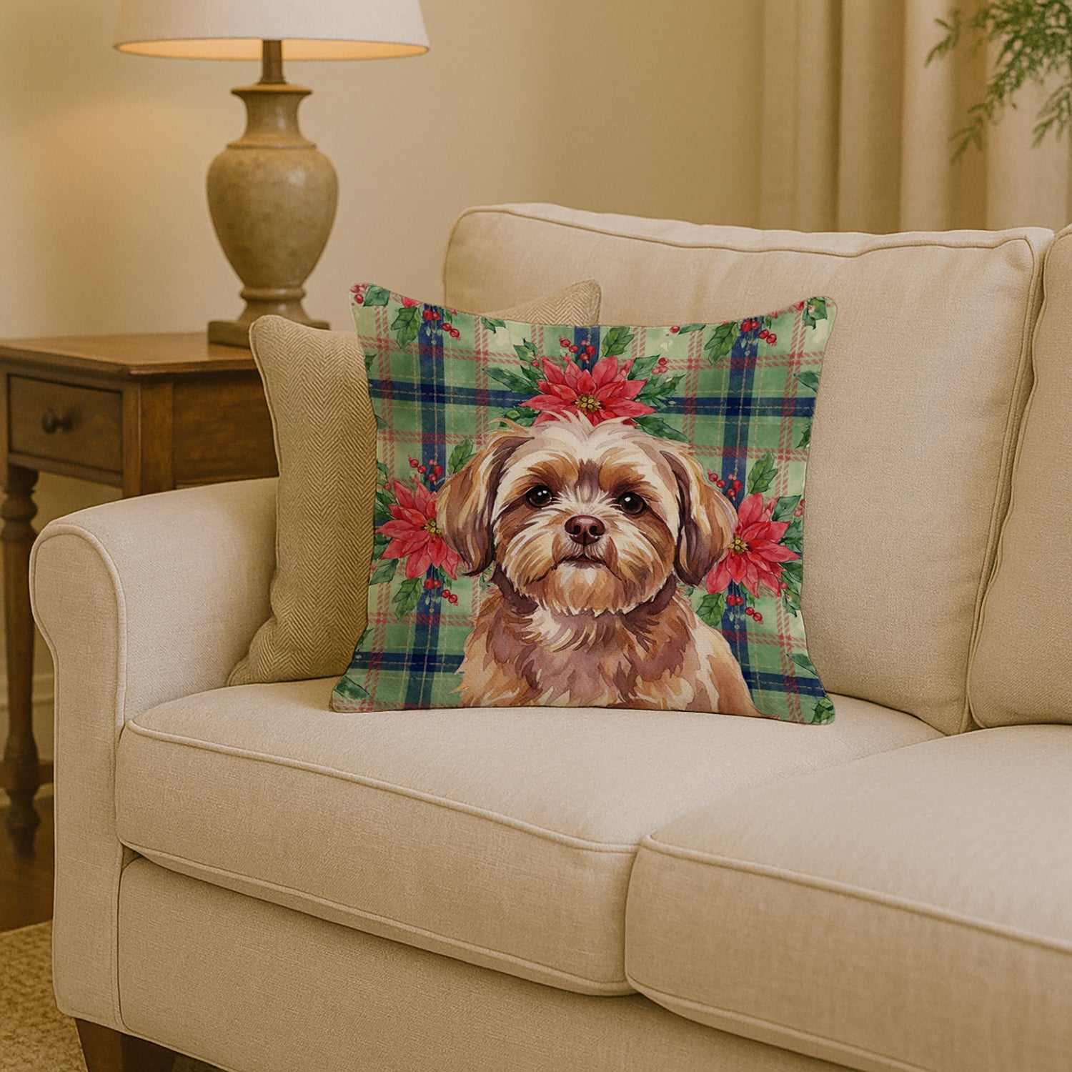 Liver Shih Tzu Christmas PoinsettIas Decorative Throw Pillow 14x14 Indoor Outdoor Accent Cushion, Fabric Cover with Insert for Sofa, Bed, Porch & Living Room