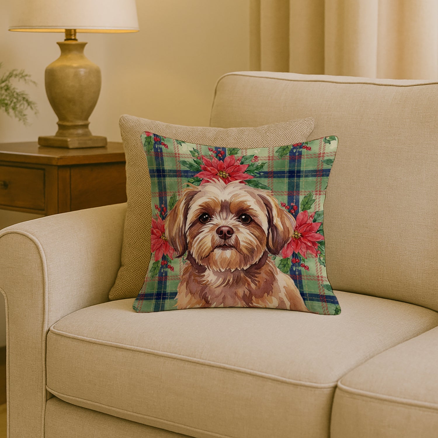 Liver Shih Tzu Christmas PoinsettIas Decorative Throw Pillow 18x18 Indoor Outdoor Accent Cushion, Fabric Cover with Insert for Sofa, Bed, Porch & Living Room