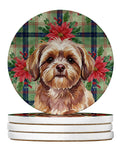 Liver Shih Tzu Christmas PoinsettIas Large Sandstone Coasters Pack of 4 Absorbent Round Coasters Decor Gifts for Men or Women, 4 in, Multicolor