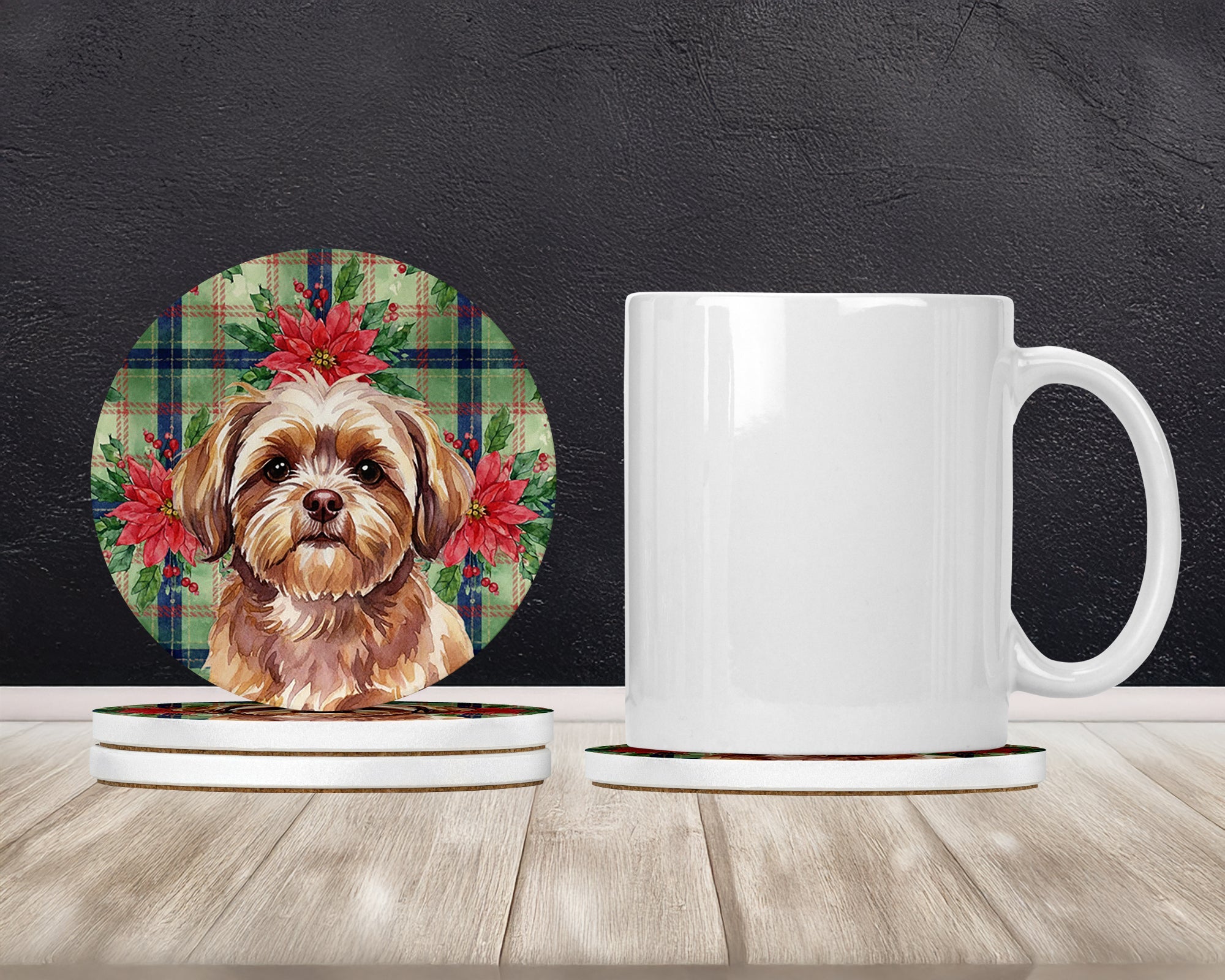 Liver Shih Tzu Christmas PoinsettIas Large Sandstone Coasters Pack of 4 Absorbent Round Coasters Decor Gifts for Men or Women, 4 in, Multicolor