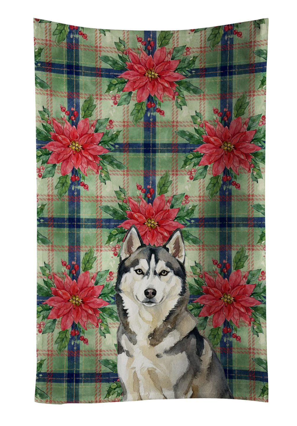 Agouti Siberian Husky Christmas PoinsettIas Kitchen Towel Velour Plush Front and Cotton Loop Back Machine Washable