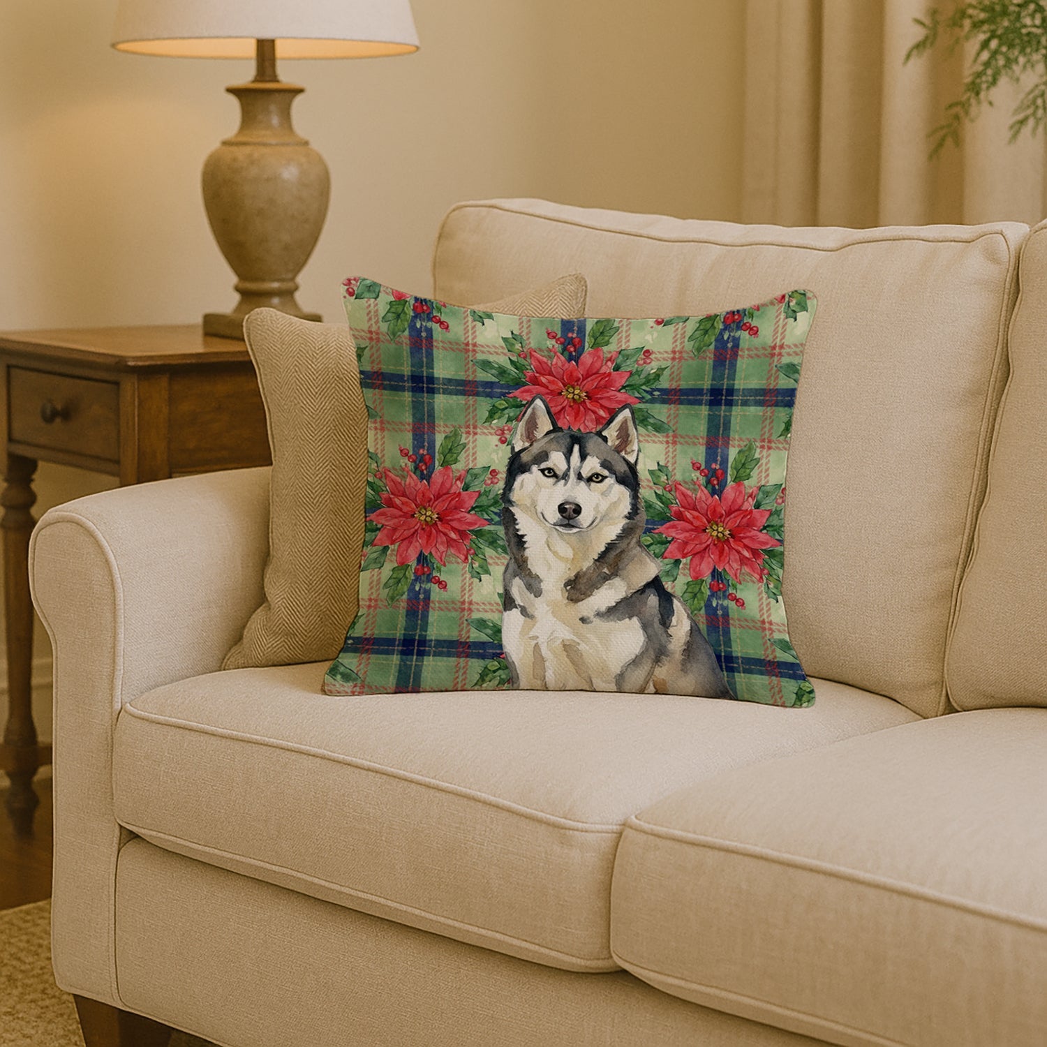 Agouti Siberian Husky Christmas PoinsettIas Decorative Throw Pillow 14x14 Indoor Outdoor Accent Cushion, Fabric Cover with Insert for Sofa, Bed, Porch & Living Room