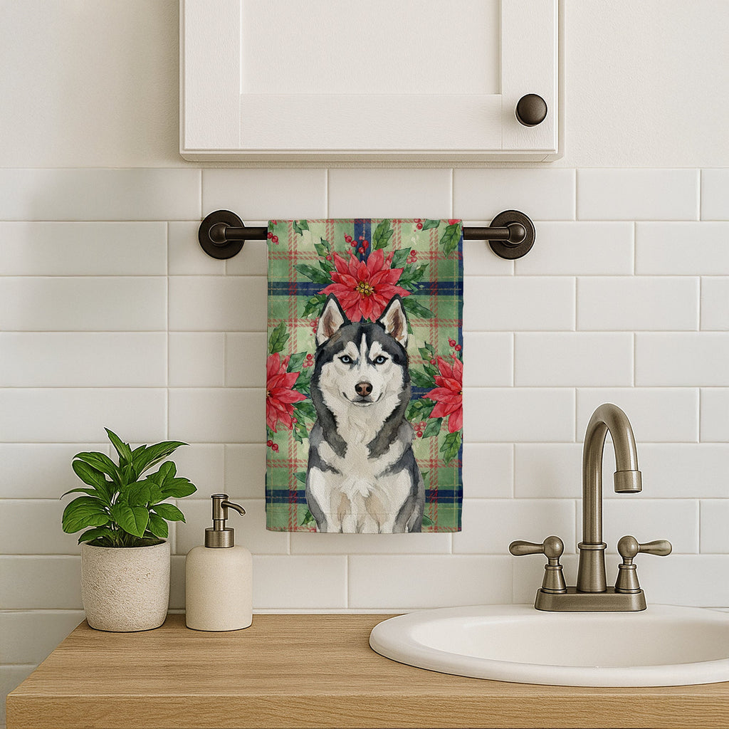 Siberian Husky Christmas PoinsettIas Kitchen Towel Velour Plush Front and Cotton Loop Back Machine Washable