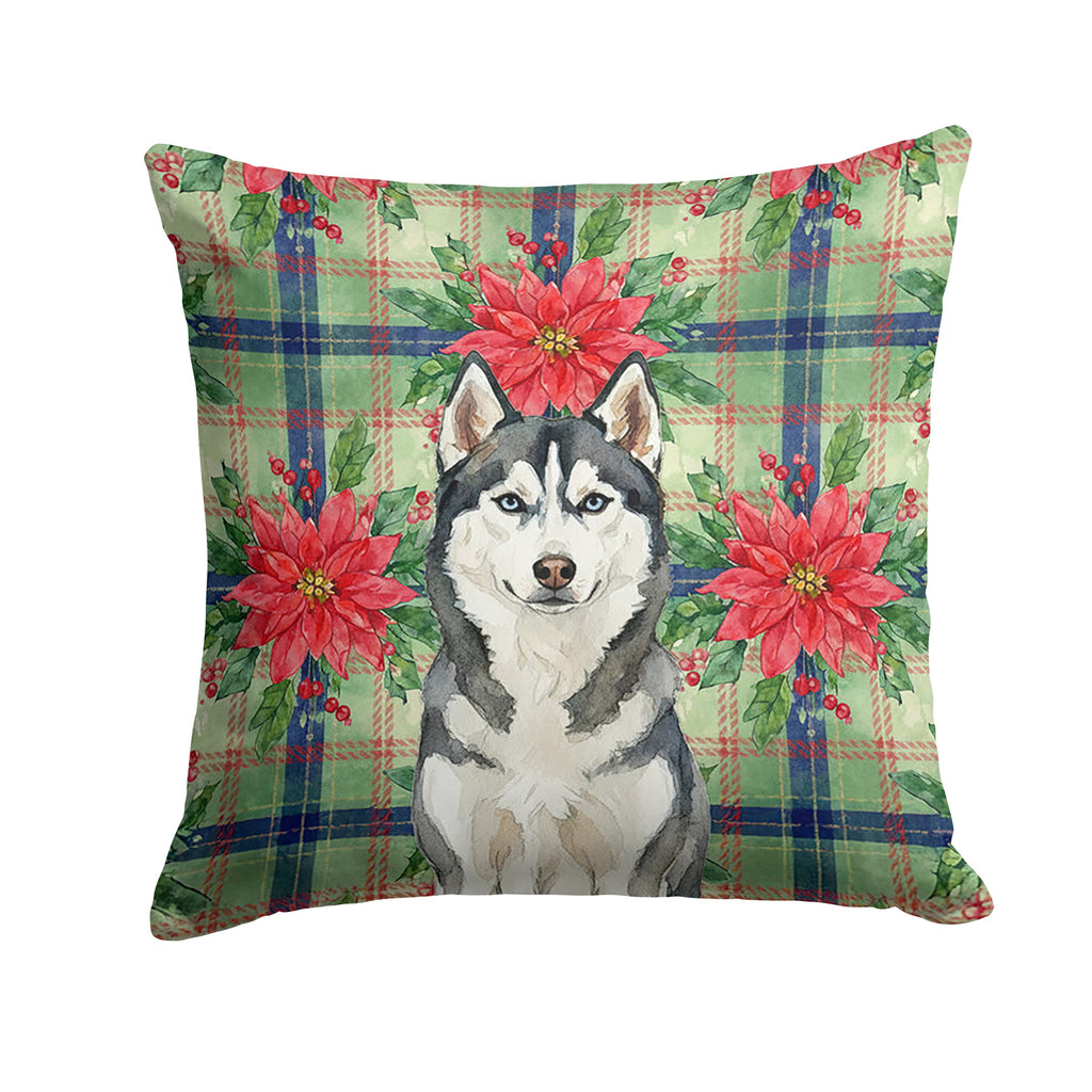 Siberian Husky Christmas PoinsettIas Decorative Throw Pillow 18x18 Indoor Outdoor Accent Cushion, Fabric Cover with Insert for Sofa, Bed, Porch & Living Room