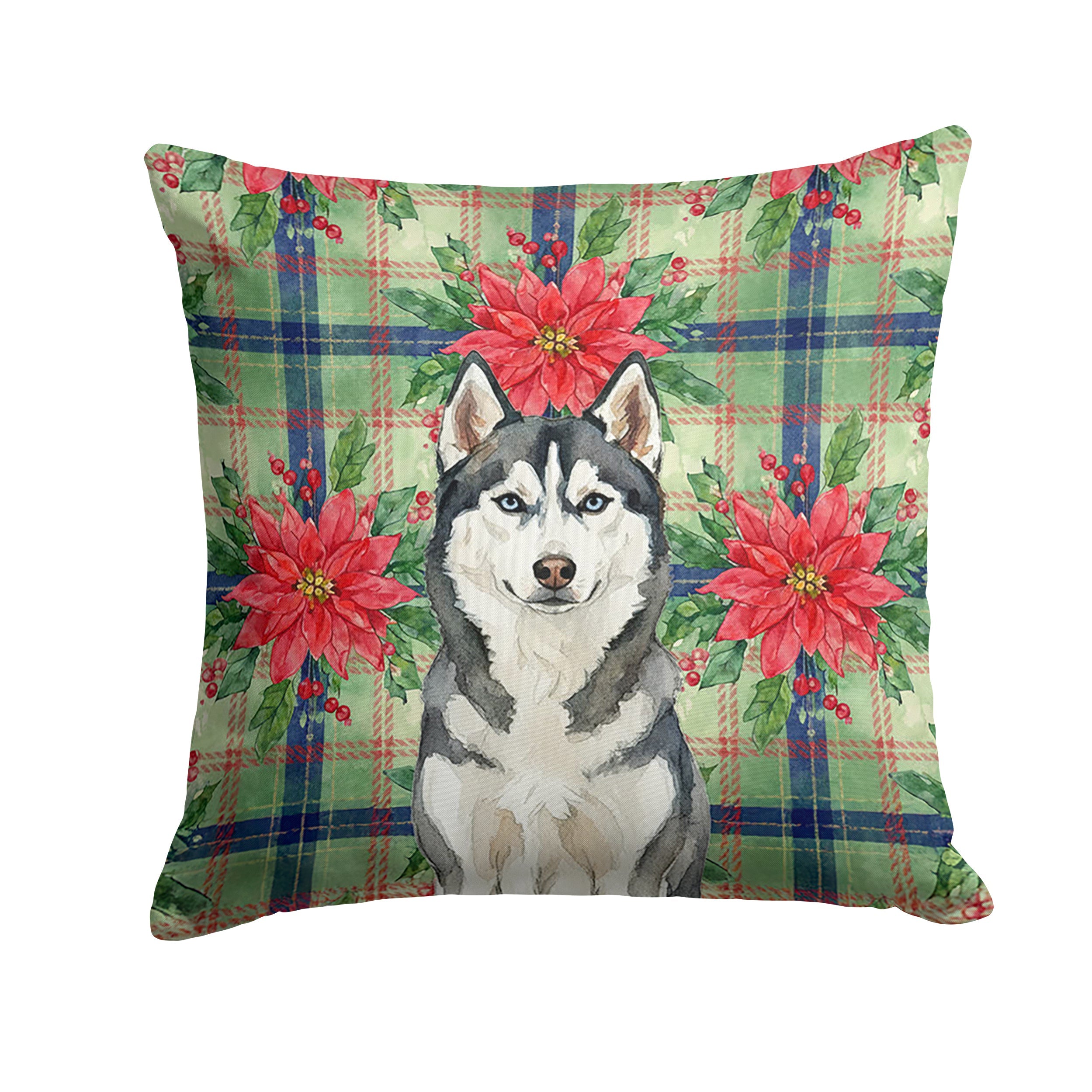 Siberian Husky Christmas PoinsettIas Decorative Throw Pillow 18x18 Indoor Outdoor Accent Cushion, Fabric Cover with Insert for Sofa, Bed, Porch & Living Room