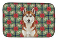 Red and White Siberian Husky Christmas PoinsettIas Dish Drying Mat Absorbent Dish Drying Mat Pad for Kitchen Counter Dish Drainer Mat for Countertop, 14 x 21", Multicolor