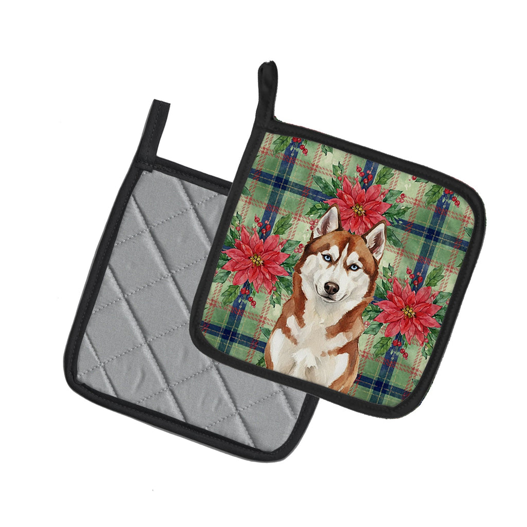 Red and White Siberian Husky Christmas PoinsettIas Pot Holder Set of 2 Heat Resistant Quilted Hot Pads 7.5 x 7.5 Inch, Insulated Kitchen Trivets for Cooking & Baking